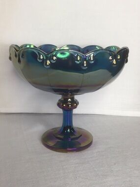 Indiana Glass Iridescent Blue-Green Carnival Compote